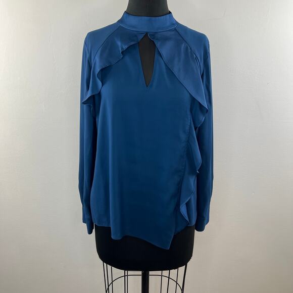 PARKER Blouse Top Back Stretch Back Keyhole Mock Neck Ruffle Size Medium M - Picture 6 of 9